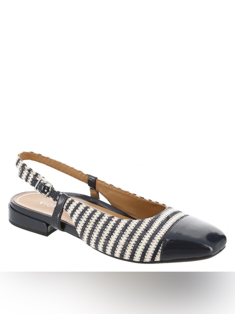 VIONIC Petaluma Slingback Flats Shoes Glossy Navy/Off-White Striped Women's 9